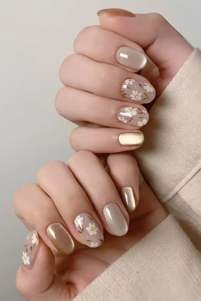 Gold Cat Eye Nails With Floral Art