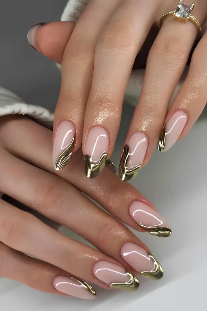 Gold Chrome Drip Effect French Manicure That Stands Out