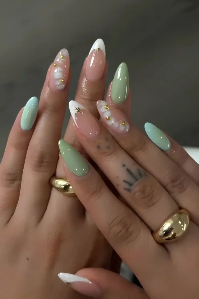Green And White Mix And Match Mani