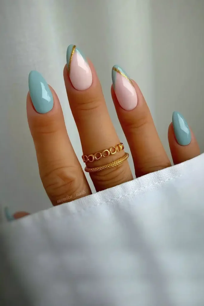 Greenish Blue Solid And Pointed French Tips With Gold Glitter Line Accents