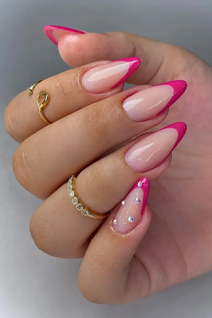 Hot Pink French Mani With Accent Gems