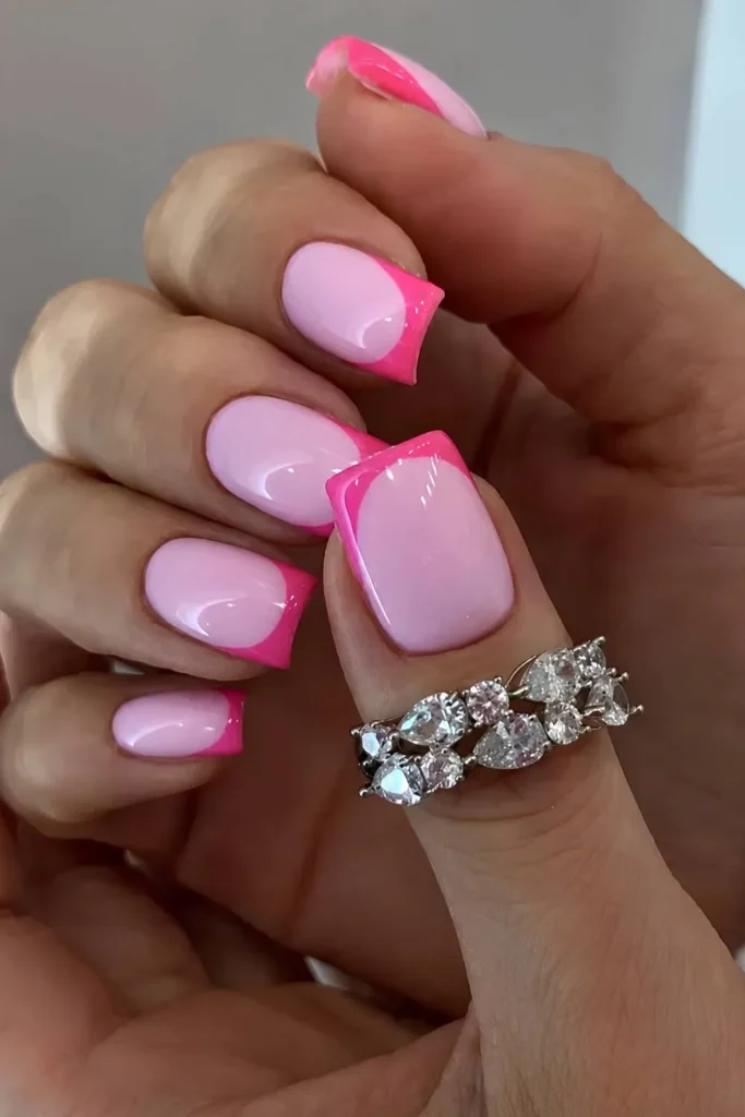 Hot Pink French Nails On Milky Pink Base