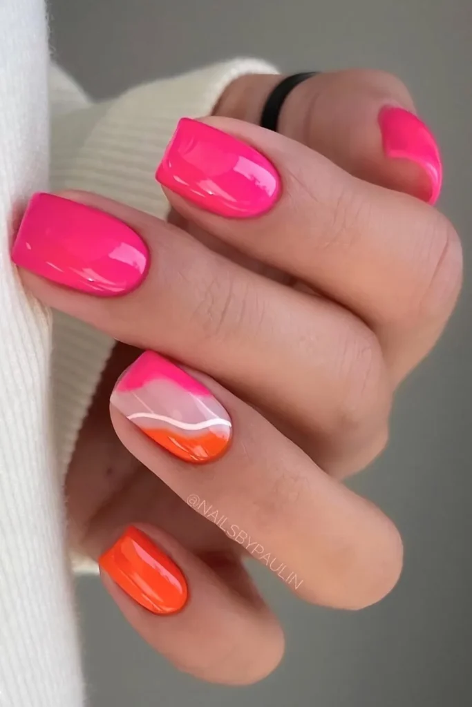 Hot Pink And Orange Mani With Negative Space Design