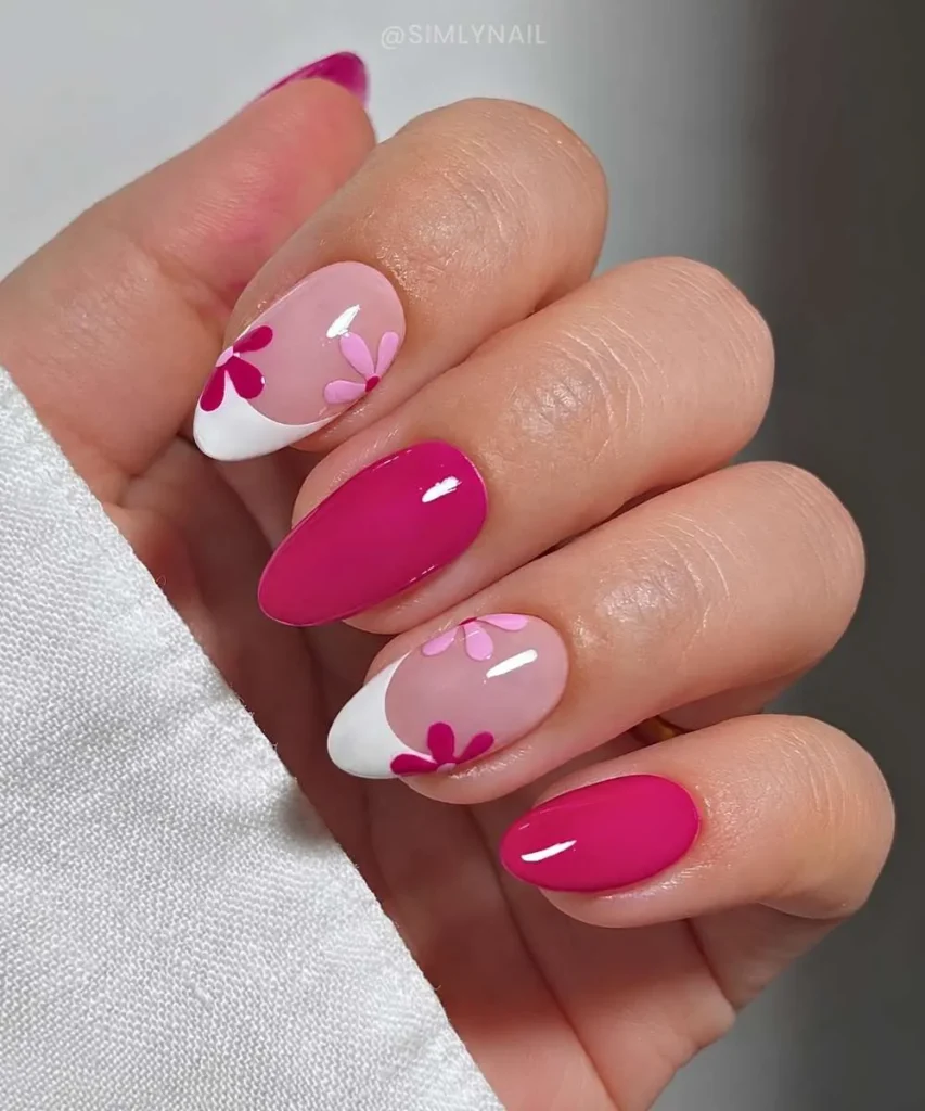 Hot Pink And White Floral Manicure