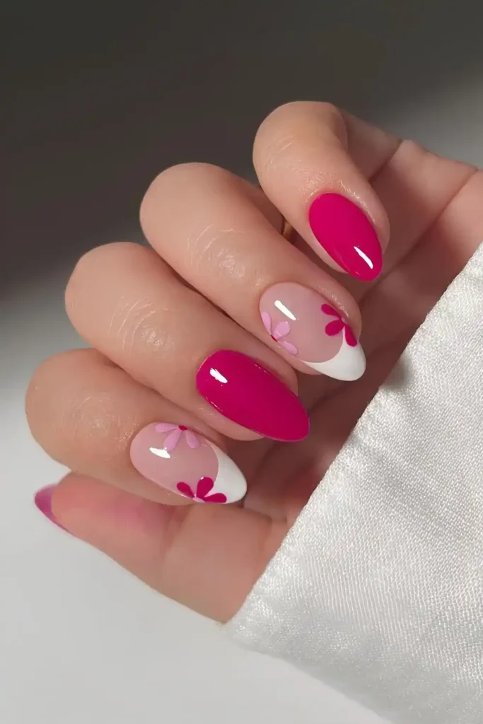 Hot Pink and White Floral Nails for a Bright Feminine Look