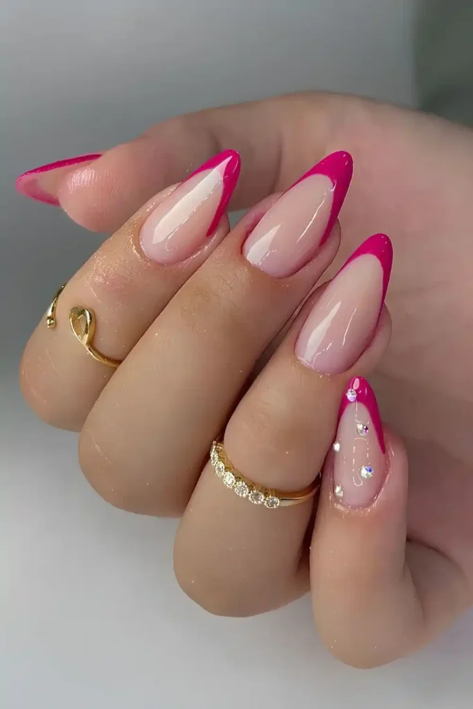 Hot Pink French Nails With Rhinestones That Add Instant Glam