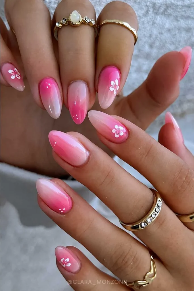 Hot Pink Gradient Mani With Hibiscus Art