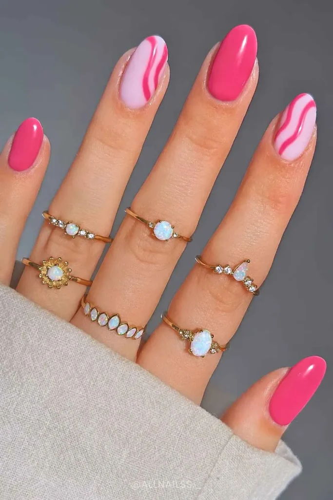 Hot Pink Manicure With Line Art