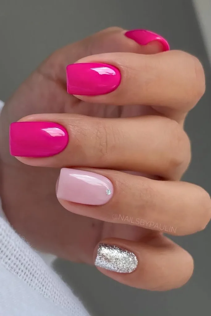 Hot Pink Nails With Accent Silver Glitter