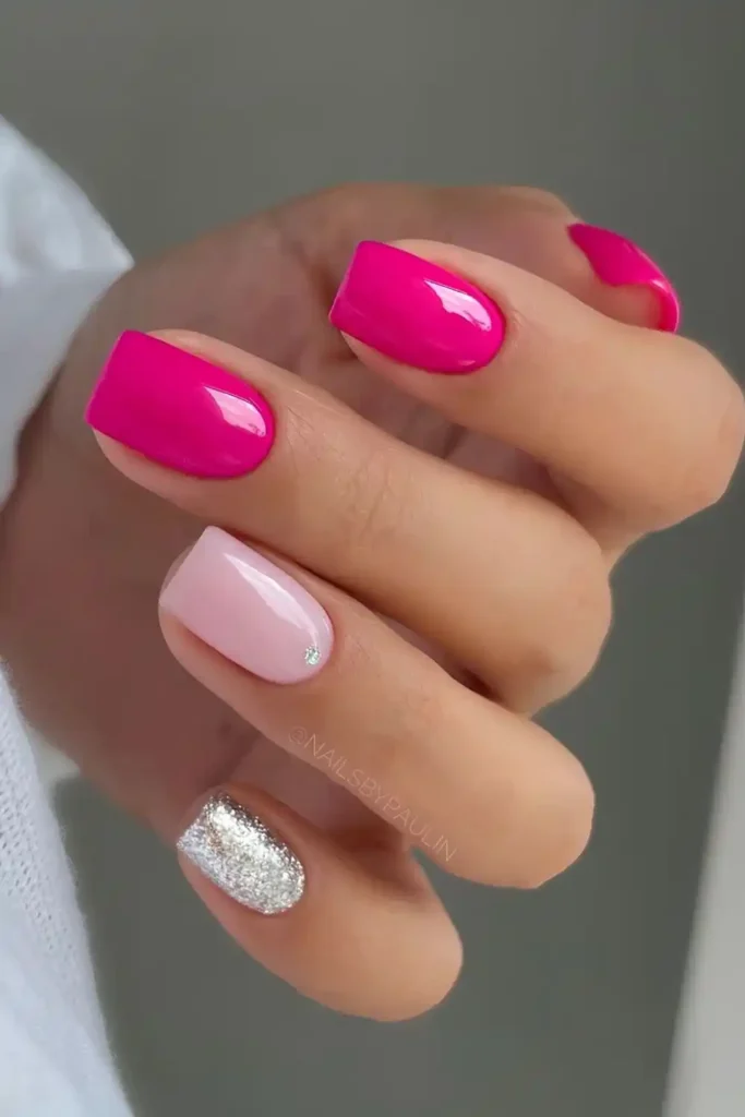 Hot Pink Nails With Silver Glitter Detail for Extra Sparkle