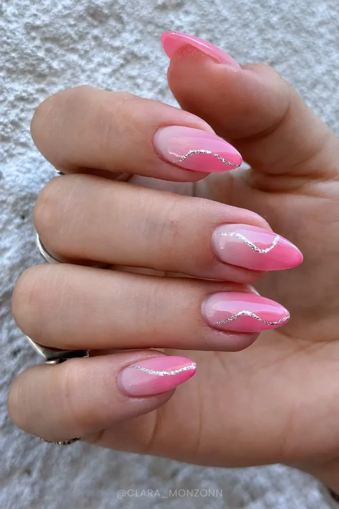 Hot Pink Ombre Mani With Silver Glitter Lines