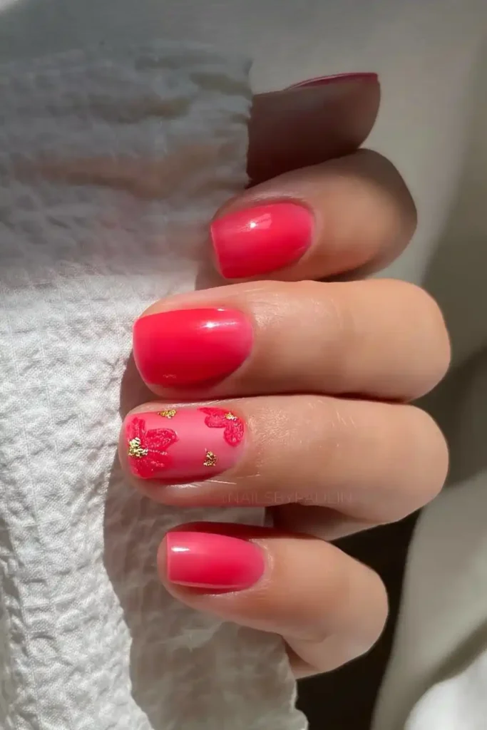 Jelly Red Nails With Floral Art
