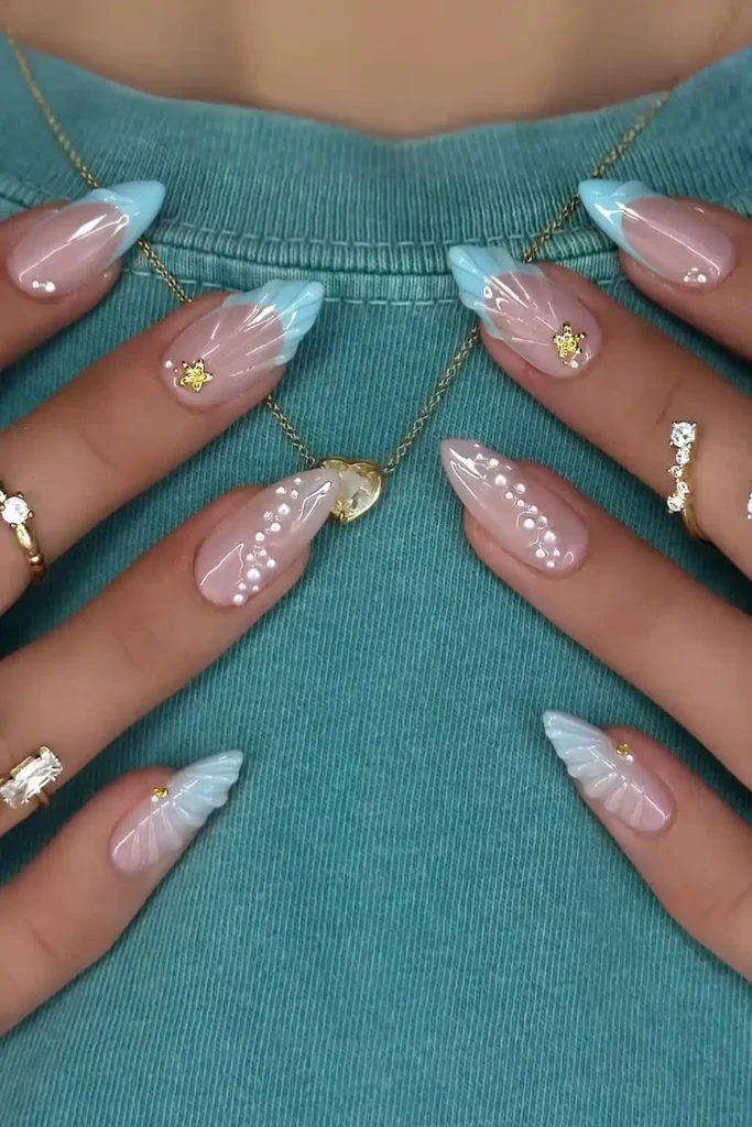 Light Blue French Nails With Mermaid Core Accents
