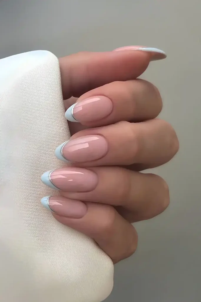 Light Blue And Silver Double French Manicure Ideas