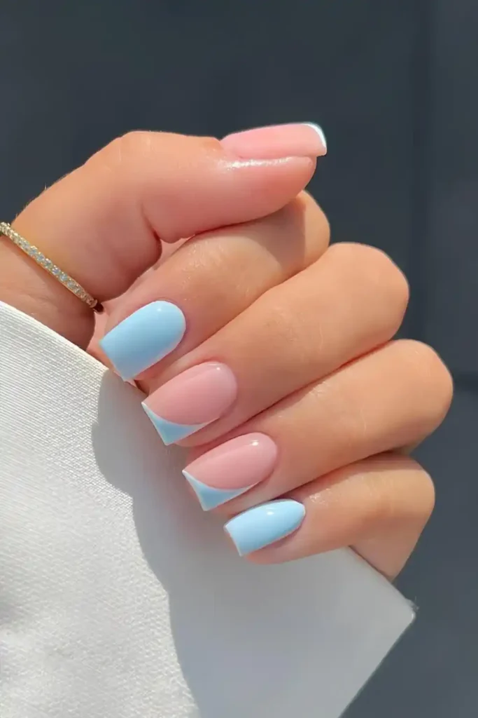 Light Blue Mani With Accent Side French Tips