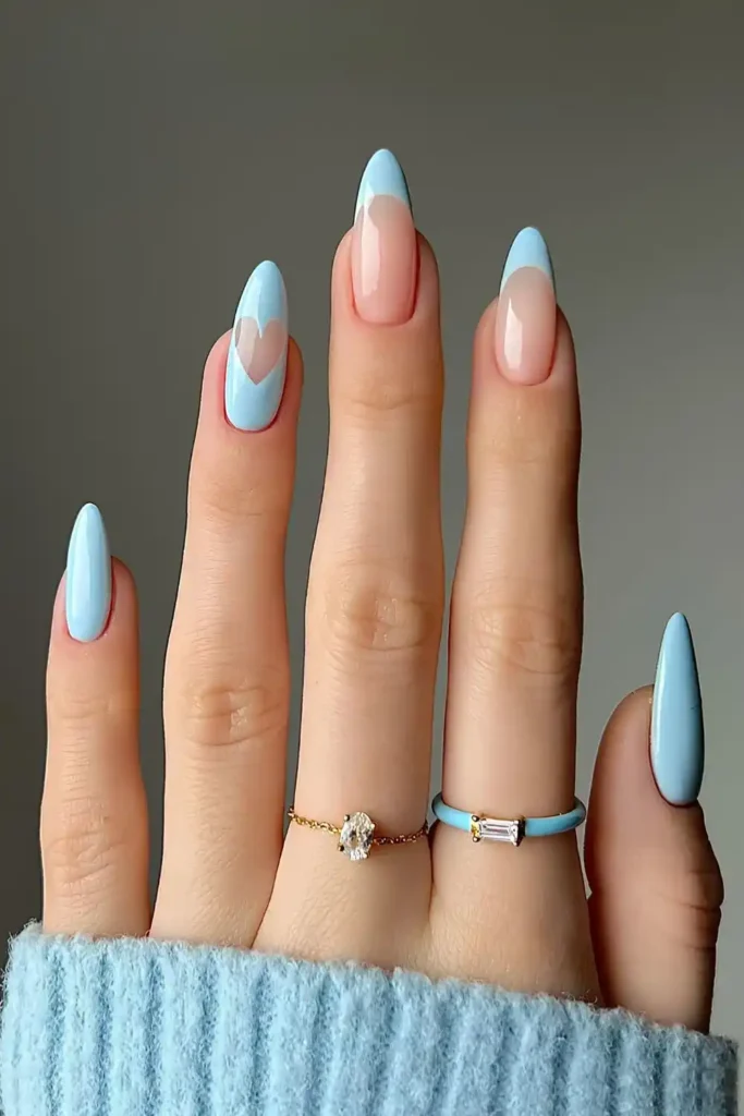 Light Blue Manicure With Heart Art