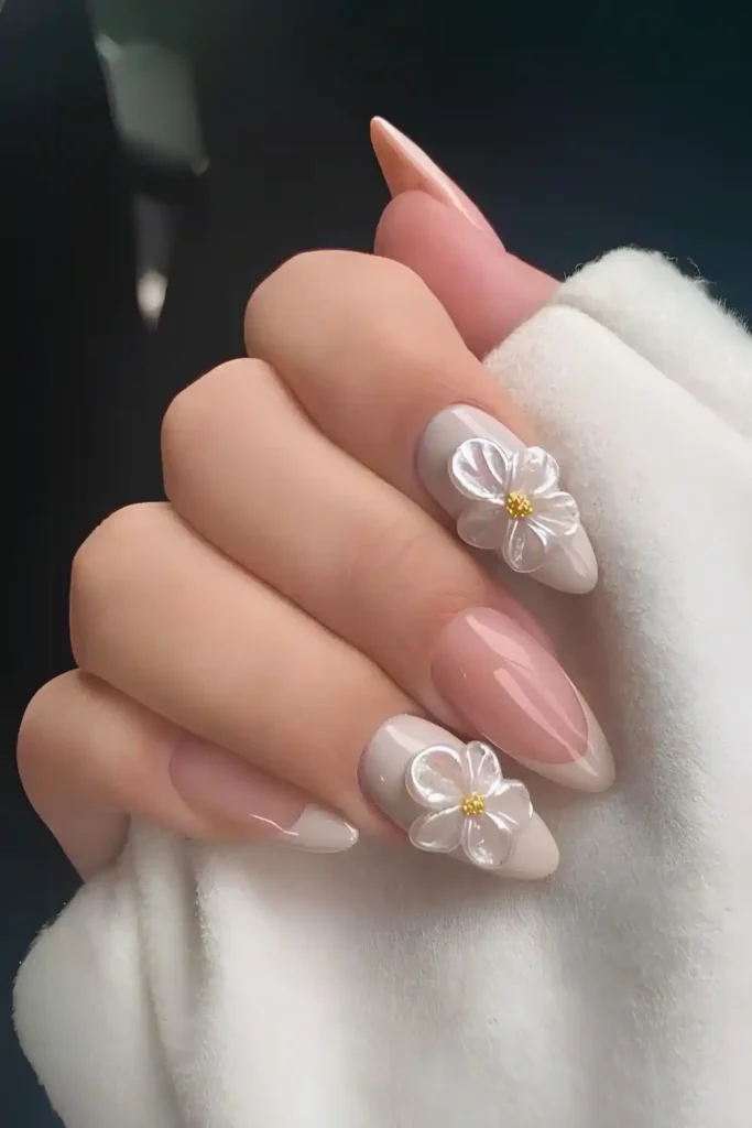 Light Gray Mani With Sculpted Flowers That Looks Elegant