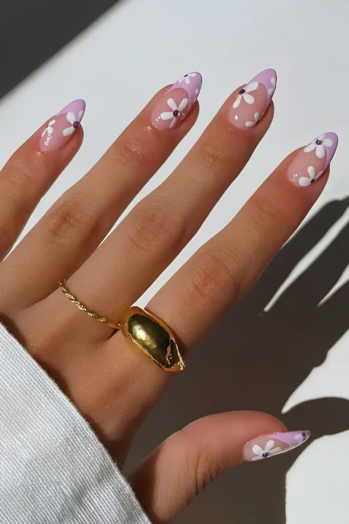 Lilac French Nails With White Flowers