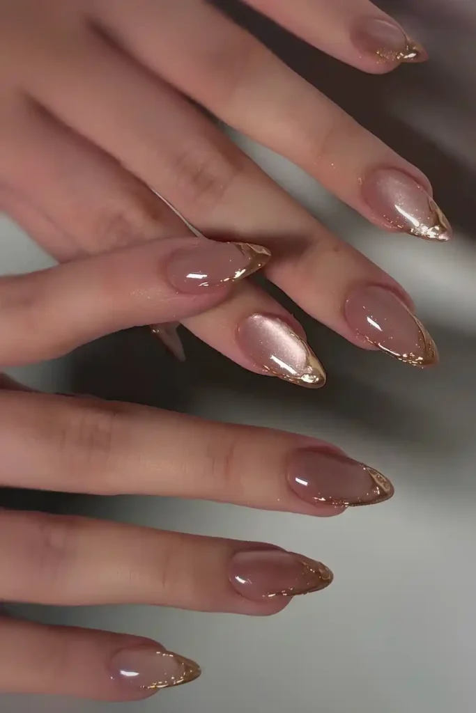 Mauve Cat Eye Nails With Gold French Tips for a Trendy Manicure