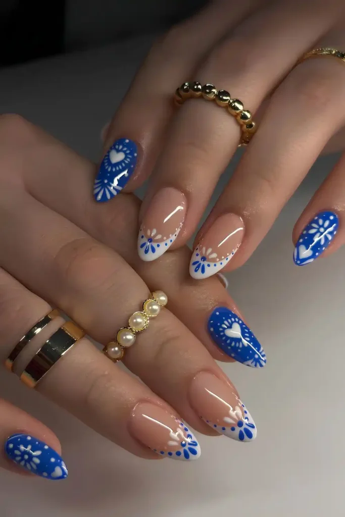 Mediterranean Blue Nails With Tile Style Florals