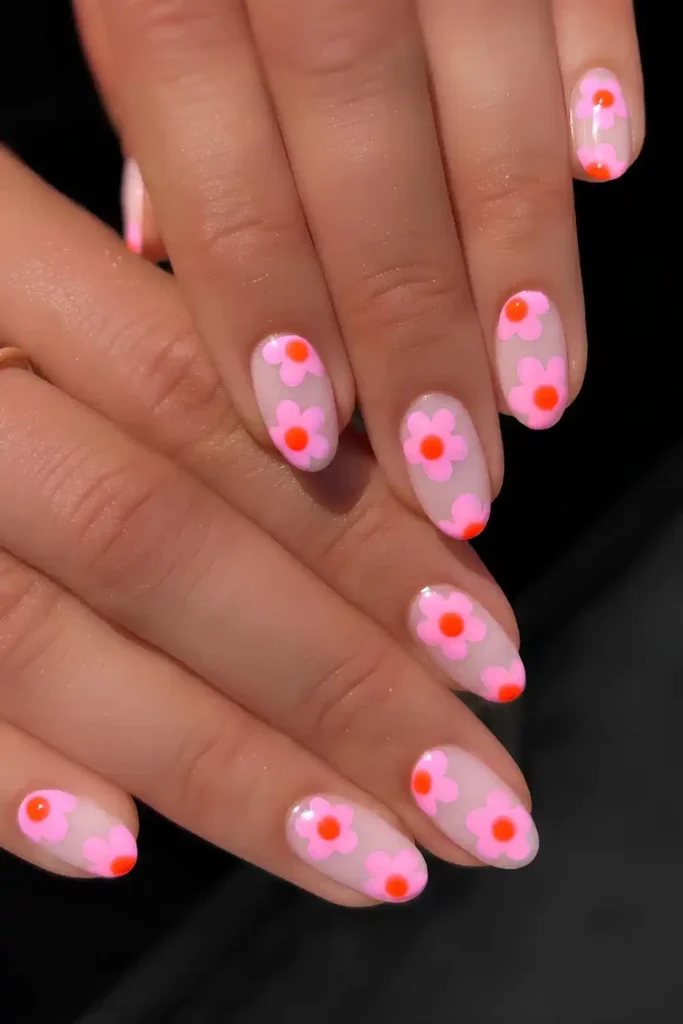 Milky Nails With Pink And Orange Flowers