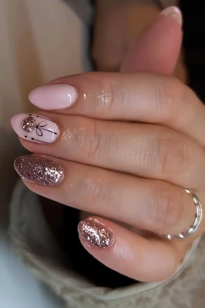 Milky Pink Nails With Glitter and Christmas Bauble Art for the Holidays