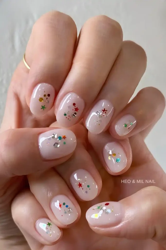 Milky White Nails With Chunky Glitter And Stars