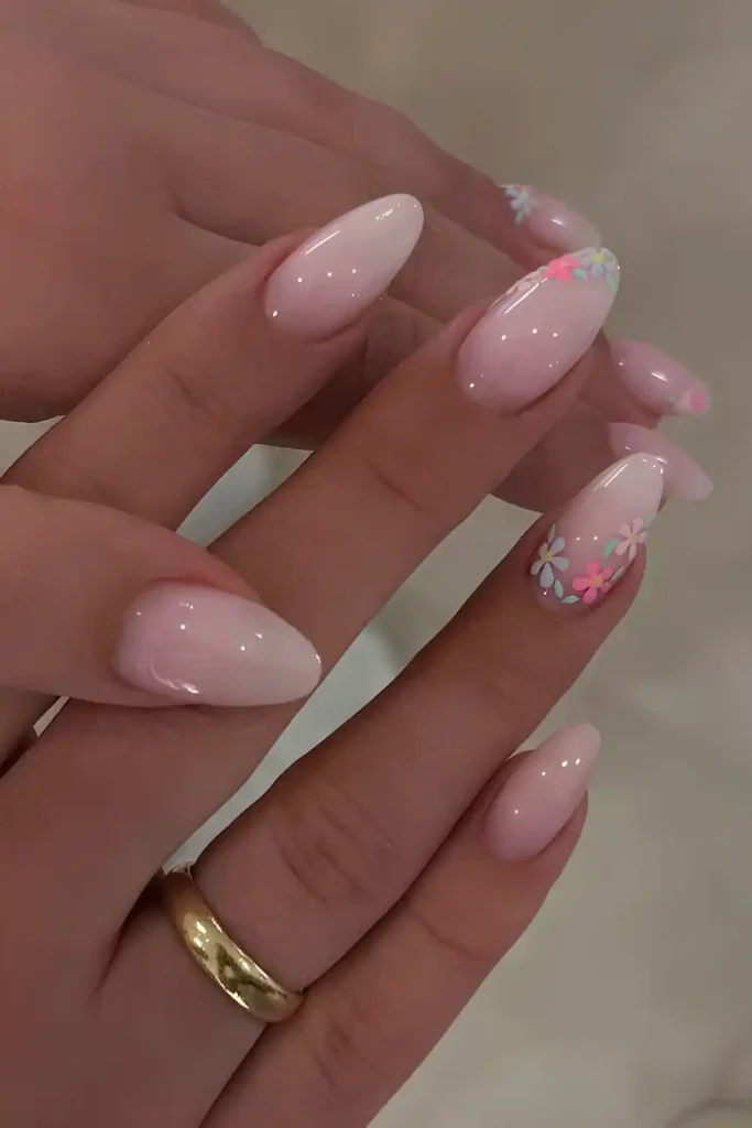 Milky white nails with floral art