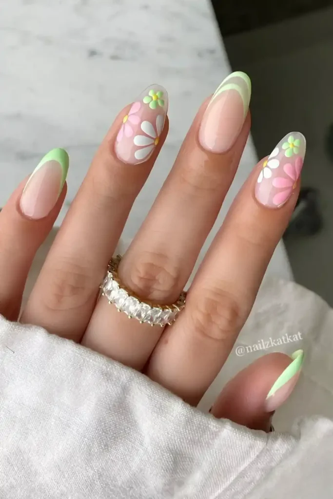 Mint Green Floral French Nails