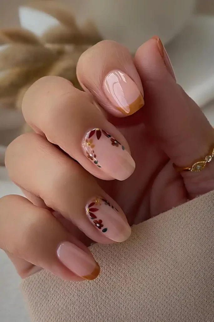 Mocha Mousse Floral French Nails