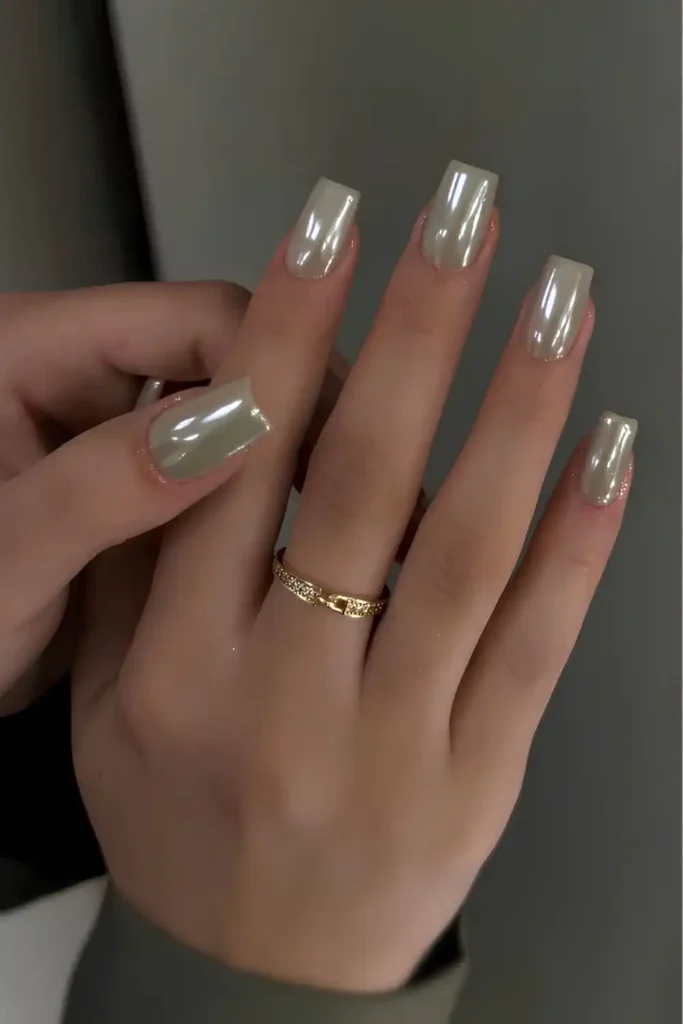 Muted Light Green Chrome Nails