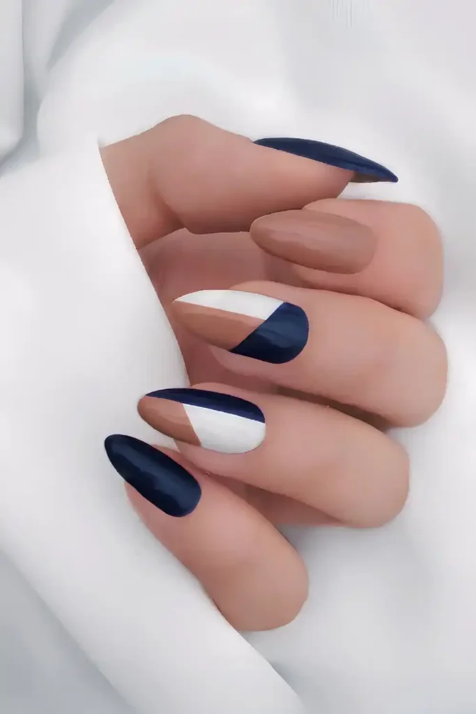 Navy And Brown Nails With Geometric Art