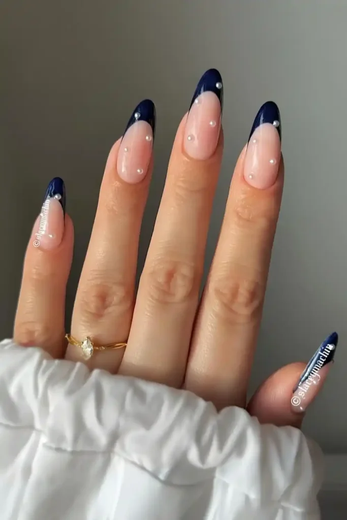 Navy Blue French Nails With Pearls