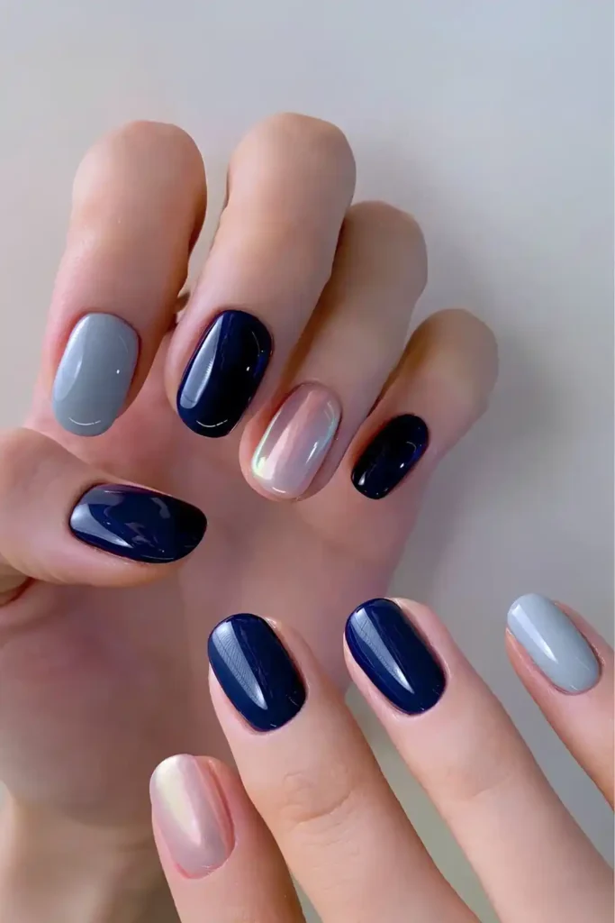 Navy Blue And Gray Nails With Chrome Accents