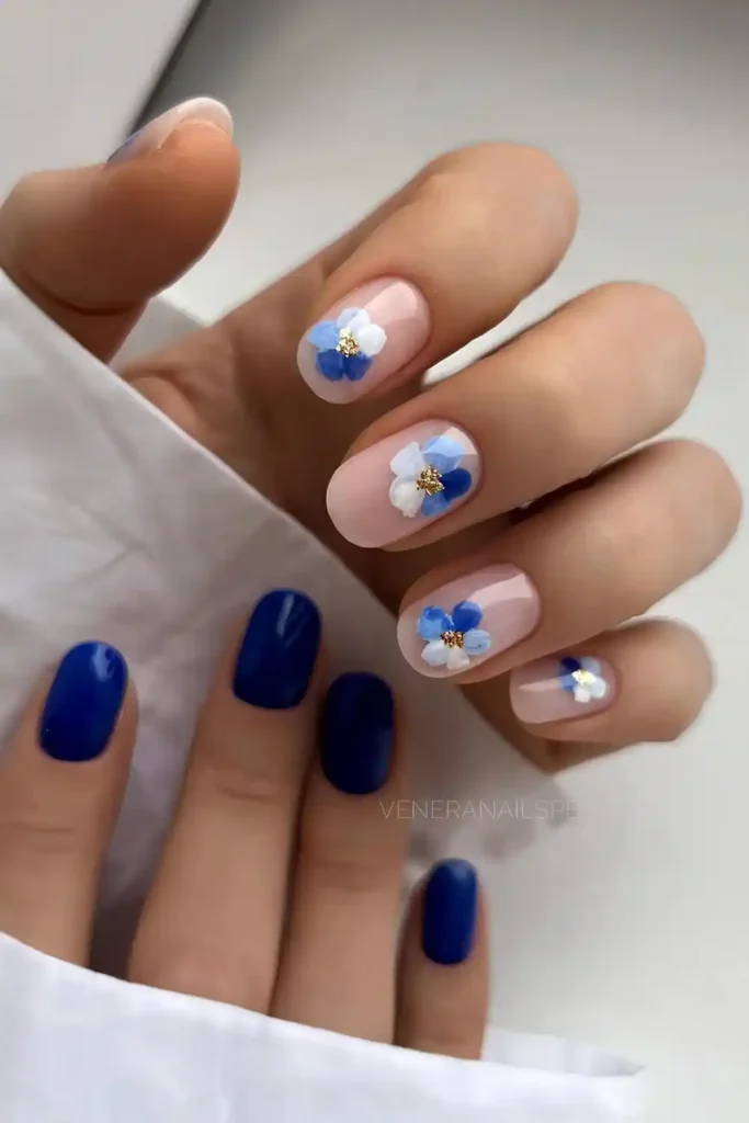 Navy Blue And White Floral Mani