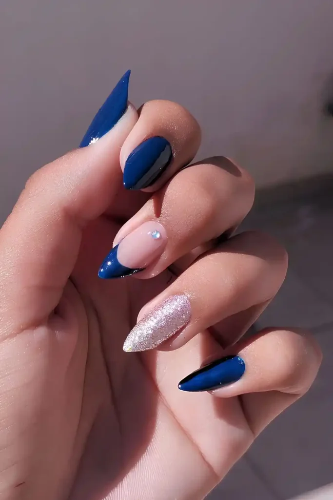 Navy Blue Mani With Glitter And Gems