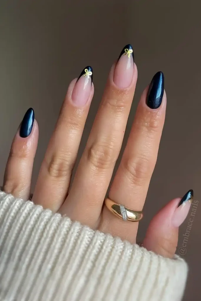 Navy Blue Mani With Gold Bows