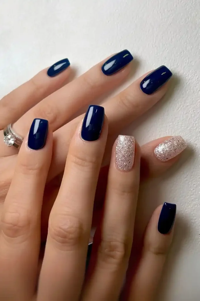 Navy Blue Mani With Silver Glitter Accents
