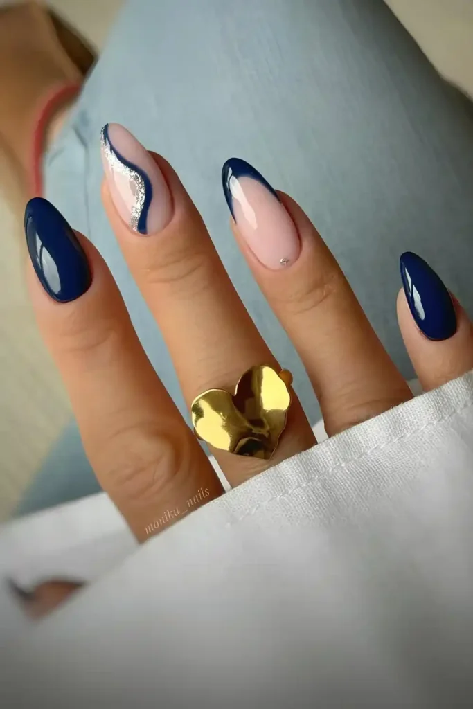 Navy Blue Mani With Swirl And Glitter Details