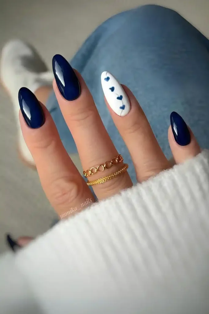 Navy Blue Manicure With Heart Art