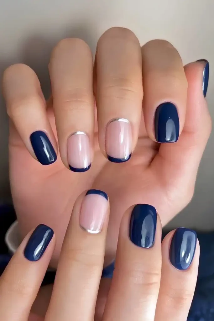Navy Blue Nails With Silver Details