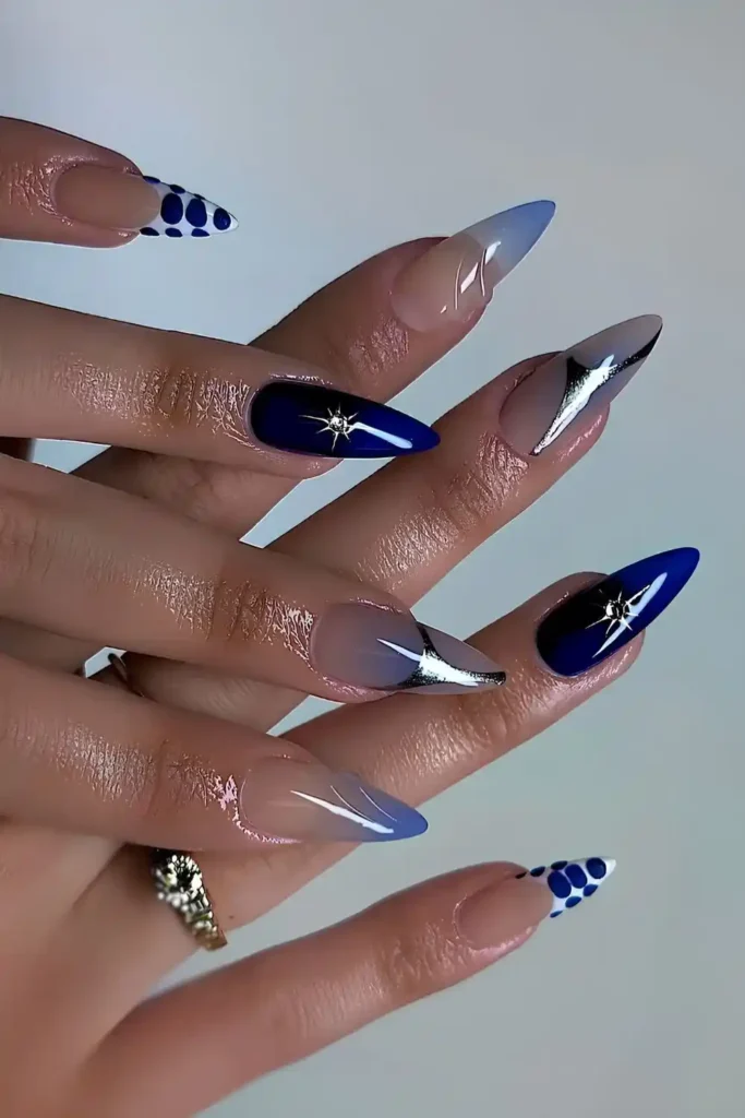 Navy Manicure With Aura And Animal Print
