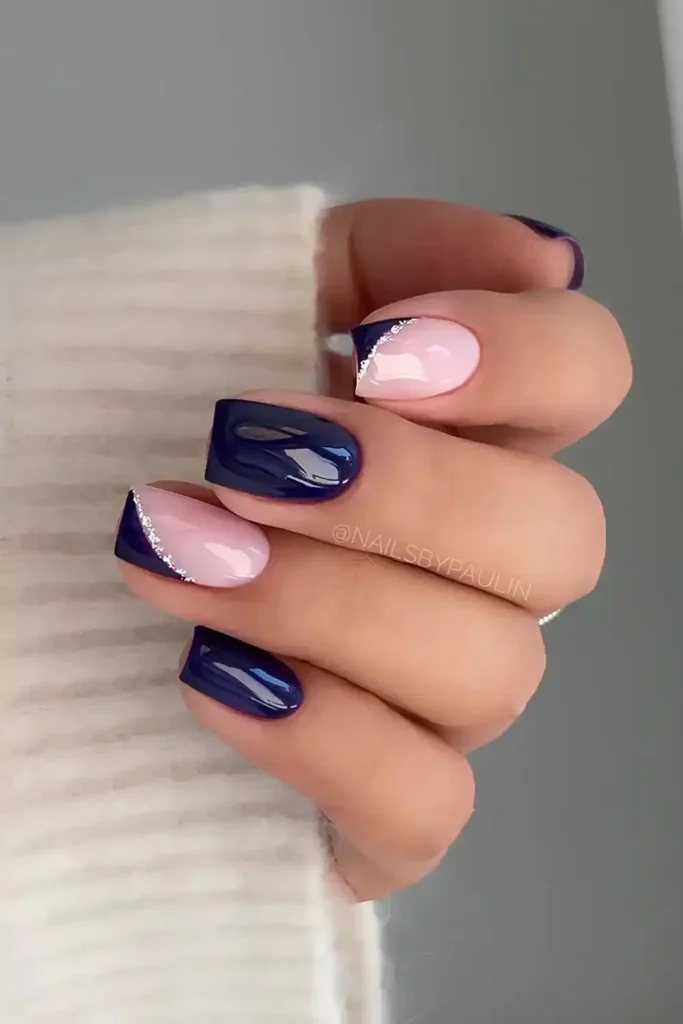 Navy Nails With Accent Side French Tips