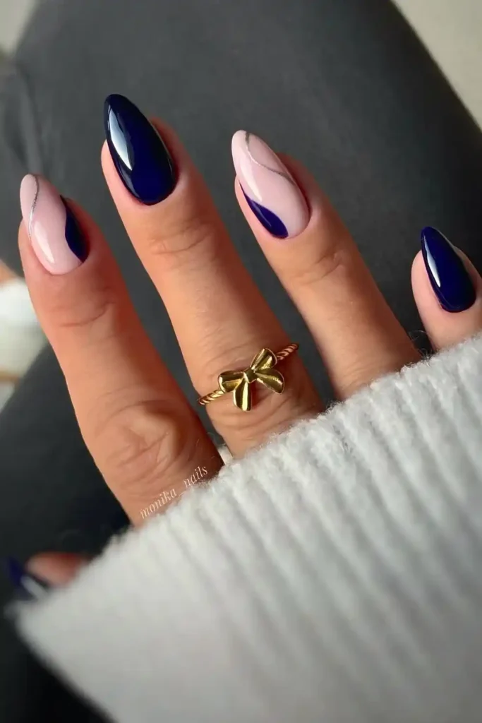 Navy Nails With Silver Swirls And Negative Space