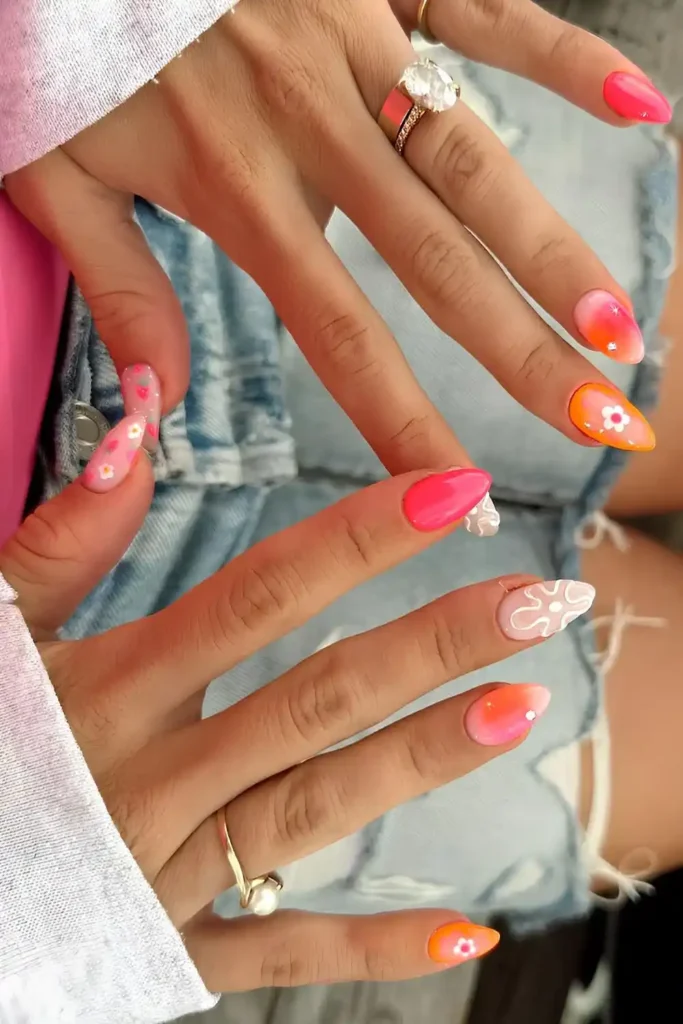 Neon Pink And Orange Nails With Florals And Aura
