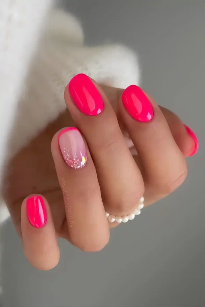 Neon Pink Short Nails With Glitter Accent That Shine Bright