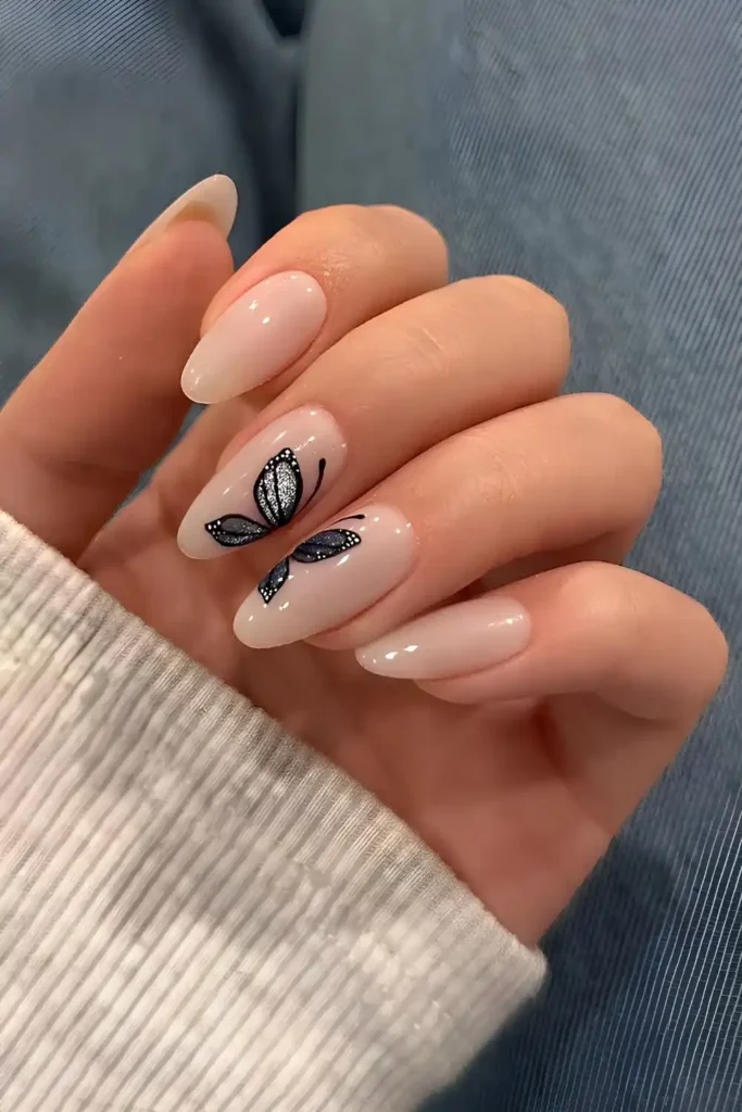 Neutral Mani With Butterfly Art That Feels Elegant