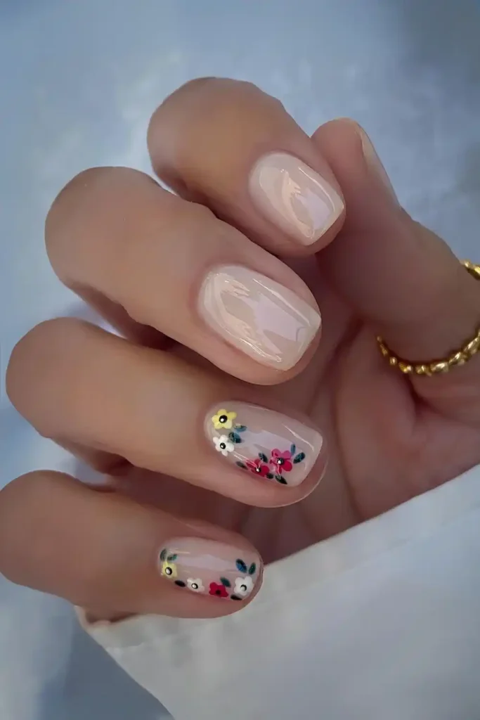 Neutral Milky Nails With Flowers