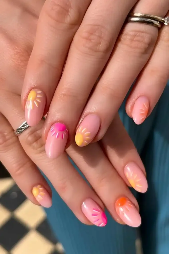 Neutral Nails With Colorful Sun Art