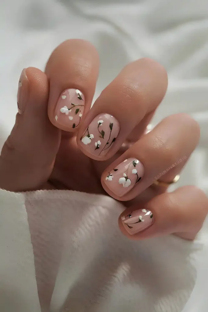 Neutral Nails With White Flower Art